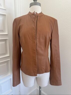 DKNY Cognac Brown Leather Zip-Front Jacket